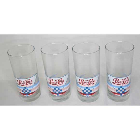 Vintage PEPSI Cola Glasses  Set 4 Logo Stripes Tall 6\
